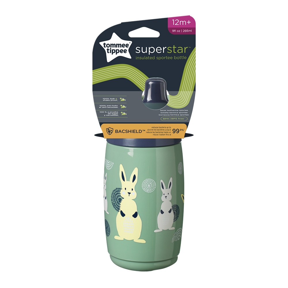 SuperStar Spill-proof thermos with sports tip 266 ml 12m+, BACSHIELD, green