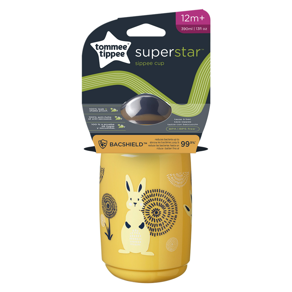 SuperStar Spill-proof cup with hard tip 390ml 12m+, BACSHIELD, yellow