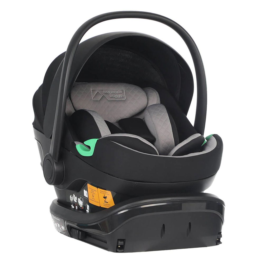 Детско столче за кола Mountain Buggy Protect i-Size, с подвижна подложка за новородено, удължаваща се облегалка, за деца с ръст 40–87 см, протектор UPF50+, черно-сиво + IsoFix база