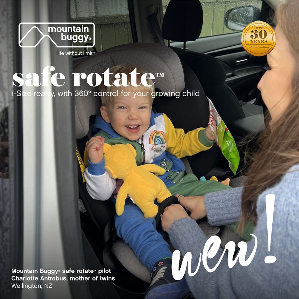 Детско столче за кола Mountain Buggy Safe Rotate i-Size, с подвижна подложка за новородено, удължаваща се облегалка, за деца с ръст 40–150 см, черно-сиво + IsoFix база