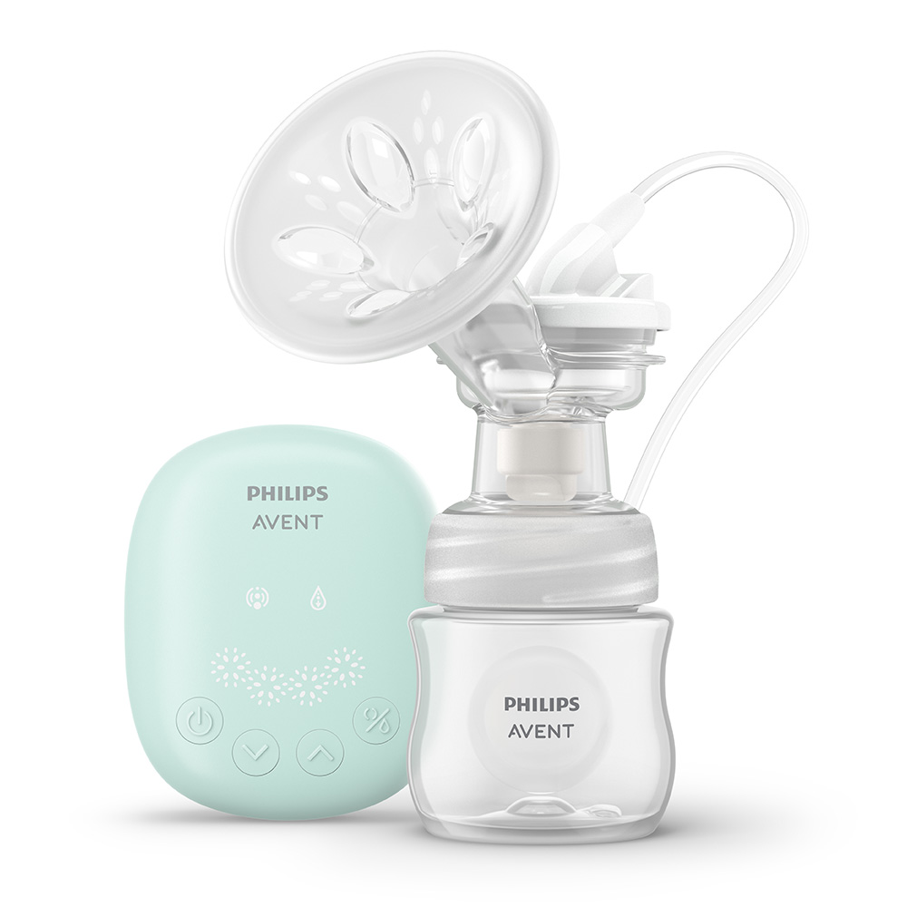 Set of Philips AVENT Essential Single Electric Breast Pump, 1 Natural Response 125 ml bottle, 5 breast milk bags and 4 pads