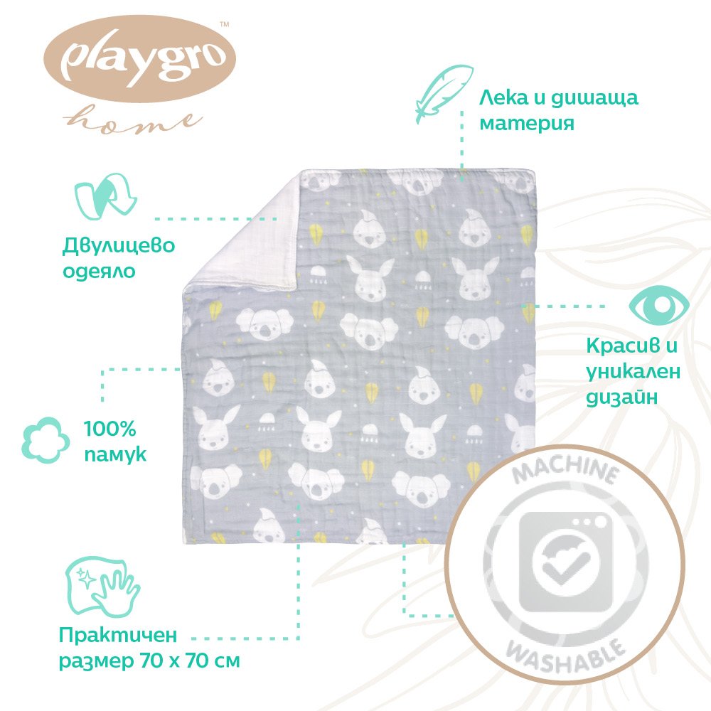 Playgro Fauna Friends 100% natural cotton baby muslin blanket for stroller, size 70 x 70 cm
