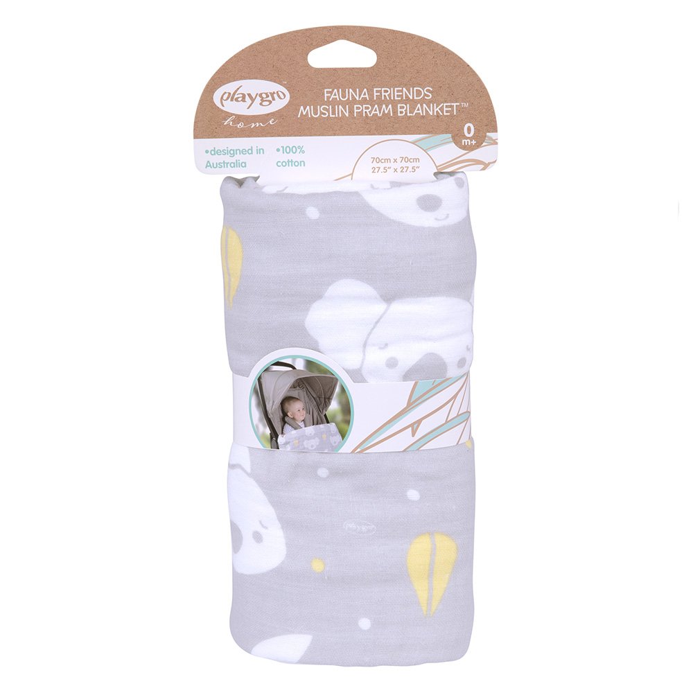 Playgro Fauna Friends 100% natural cotton baby muslin blanket for stroller, size 70 x 70 cm
