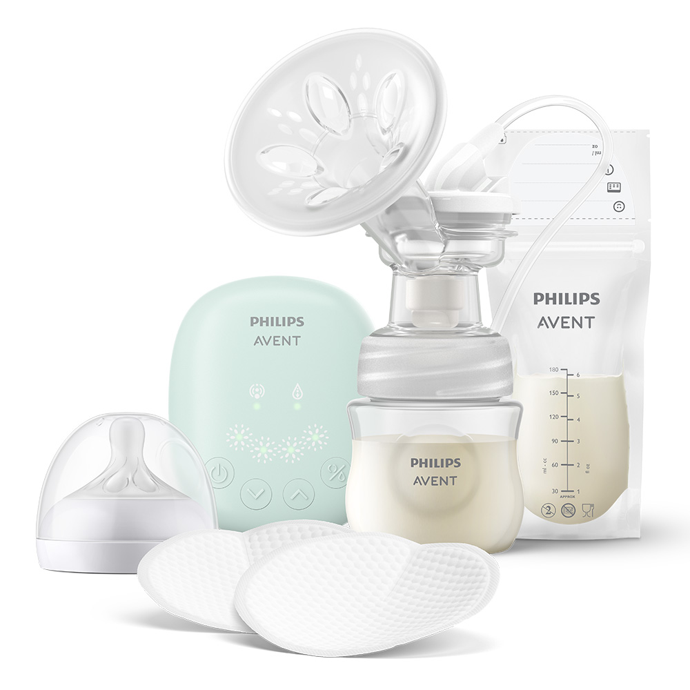 Set of Philips AVENT Essential Single Electric Breast Pump, 1 Natural Response 125 ml bottle, 5 breast milk bags and 4 pads