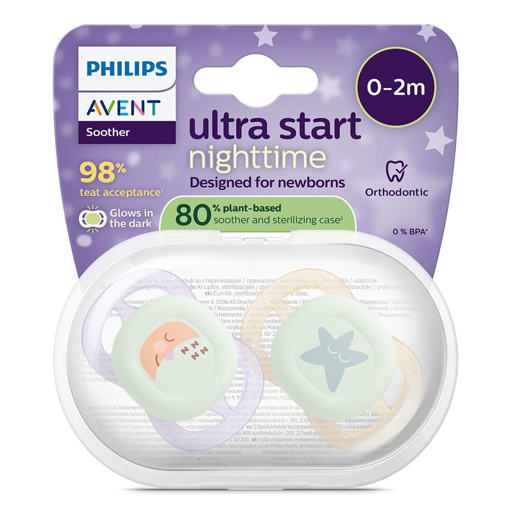 2 pcs. glow-in-the-dark orthodontic pacifiers for newborns Philips AVENT SCF075/17 Ultra Start Night 0-2m, in orange and purple with moon and stars decor, in a sterilization box