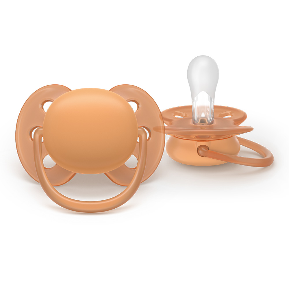 Комплект от 2 броя ортодонтични силиконови залъгалки Philips AVENT Ultra Soft SCF093/03, в кутия за стерилизиране, plant-based