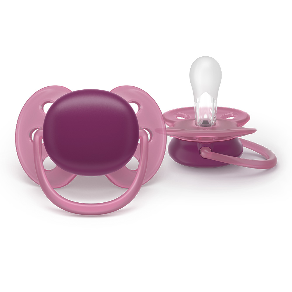 Комплект от 2 броя ортодонтични силиконови залъгалки Philips AVENT Ultra Soft SCF093/03, в кутия за стерилизиране, plant-based