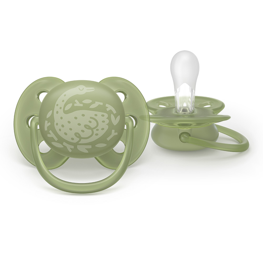 Комплект от 2 броя ортодонтични силиконови залъгалки Philips AVENT Ultra Soft SCF093/06, в кутия за стерилизиране, plant-based
