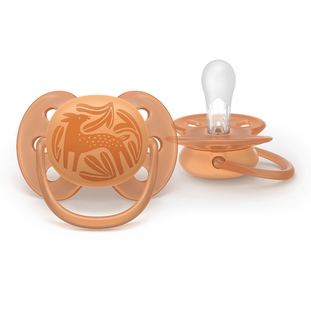 Комплект от 2 броя ортодонтични силиконови залъгалки Philips AVENT Ultra Soft SCF093/06, в кутия за стерилизиране, plant-based