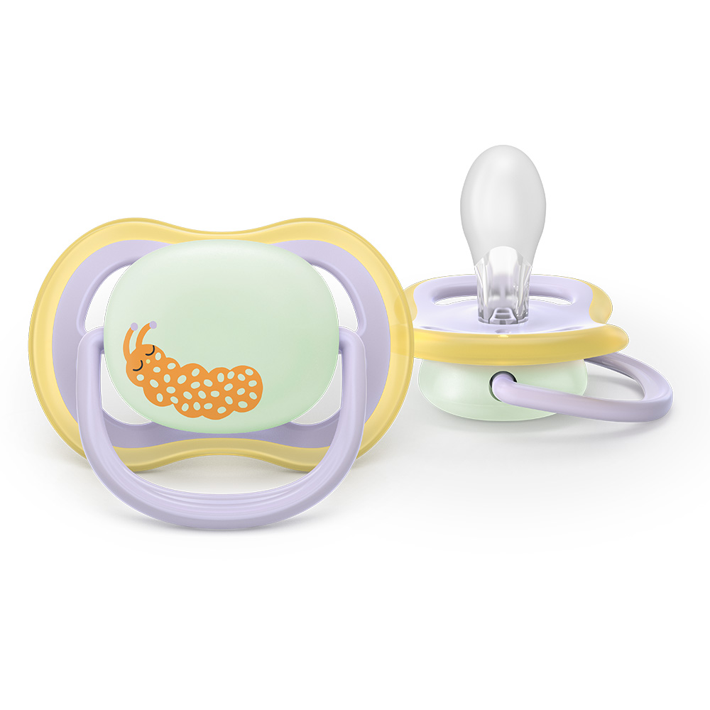 2 glow-in-the-dark orthodontic silicone pacifiers Philips AVENT SCF376/25 Ultra Air NightTime, 0-6m, with pictures, in a sterilization box