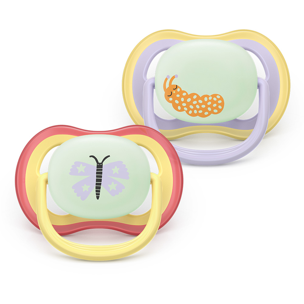2 glow-in-the-dark orthodontic silicone pacifiers Philips AVENT SCF376/25 Ultra Air NightTime, 0-6m, with pictures, in a sterilization box