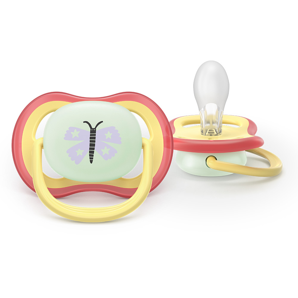 2 glow-in-the-dark orthodontic silicone pacifiers Philips AVENT SCF376/25 Ultra Air NightTime, 0-6m, with pictures, in a sterilization box