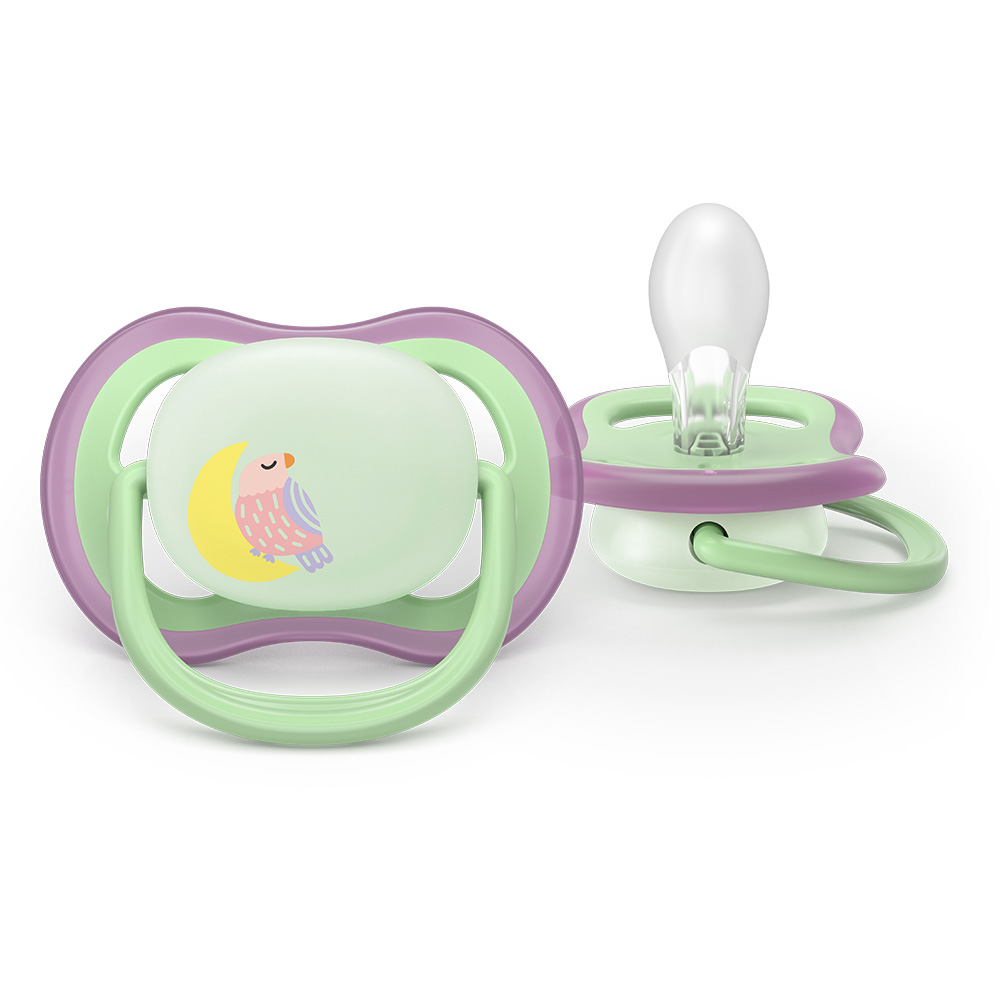 2 броя светещи в тъмното, ортодонтски силиконови залъгалки Philips AVENT SCF376/29 Ultra Air NightTime, 6-18м, с картинки, в кутия за стерилизиране