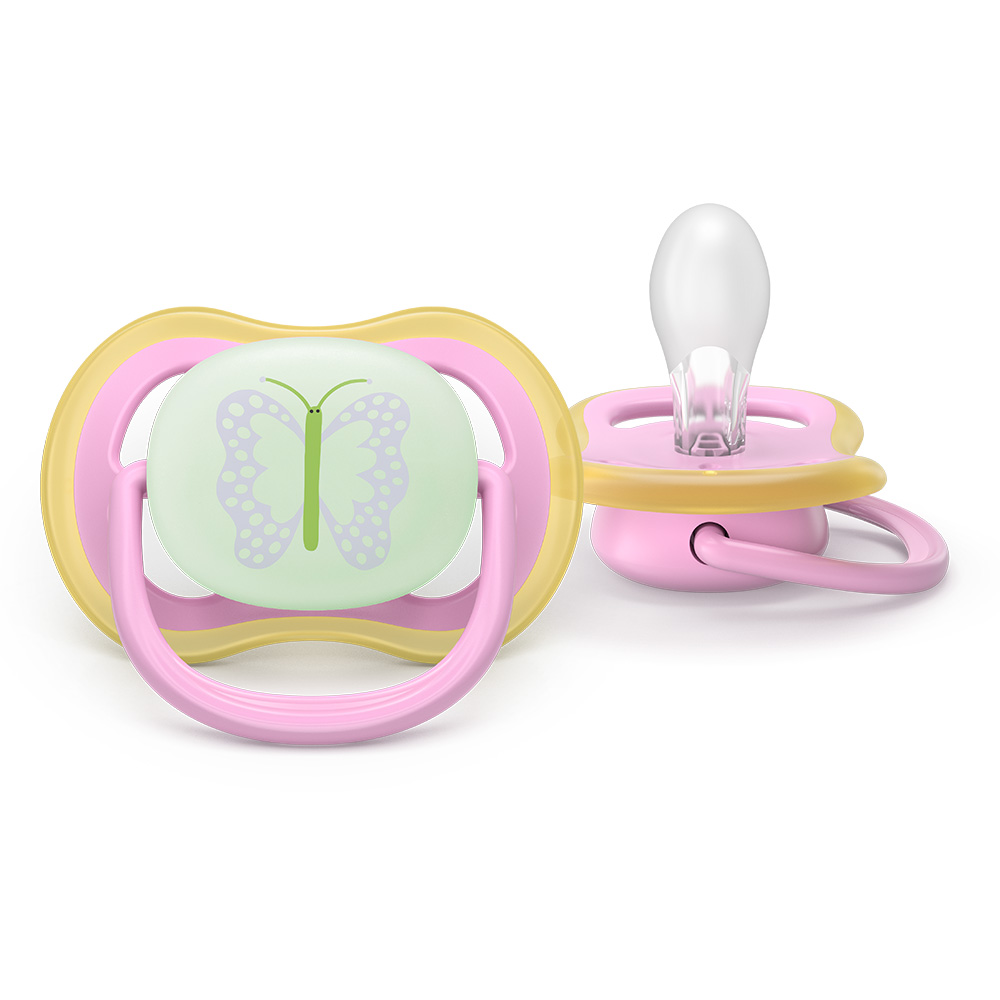 2 броя светещи в тъмното, ортодонтски силиконови залъгалки Philips AVENT SCF376/29 Ultra Air NightTime, 6-18м, с картинки, в кутия за стерилизиране