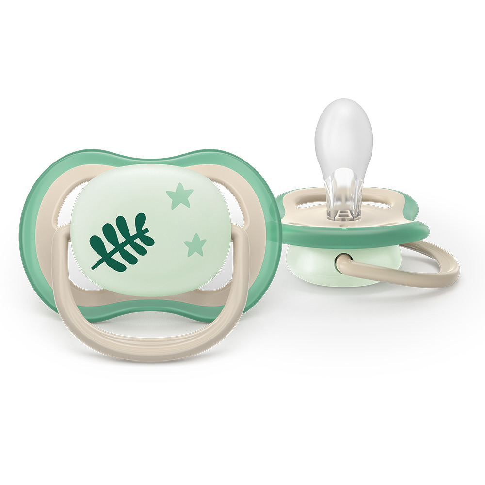 2 броя светещи в тъмното, ортодонтски силиконови залъгалки Philips AVENT SCF376/31 Ultra Air NightTime, 6-18м, с картинки, в кутия за стерилизиране
