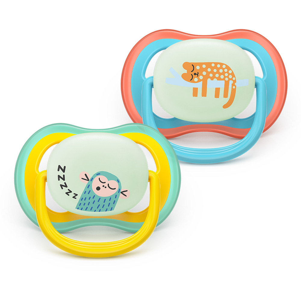 2 glow-in-the-dark orthodontic silicone pacifiers Philips AVENT SCF376/32 Ultra Air NightTime, 18m+, with pictures, in a sterilization box