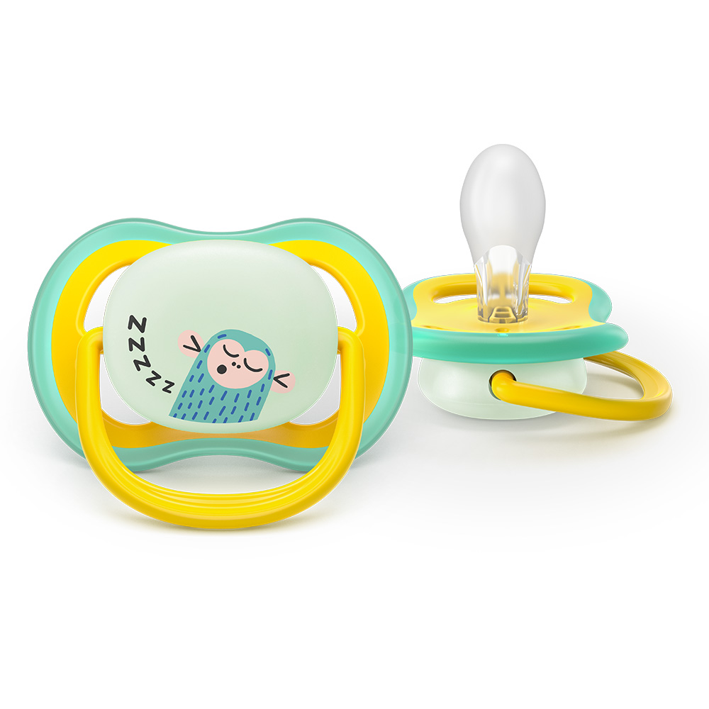 2 glow-in-the-dark orthodontic silicone pacifiers Philips AVENT SCF376/32 Ultra Air NightTime, 18m+, with pictures, in a sterilization box