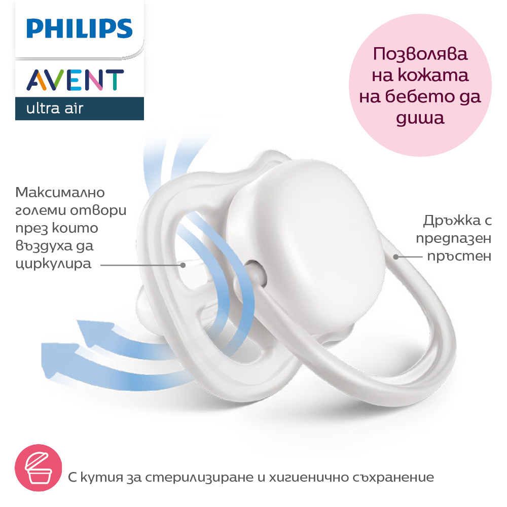 2 pieces of orthodontic silicone pacifiers Philips AVENT SCF349/47 Ultra Air, 18m+, with pictures, in a sterilization box