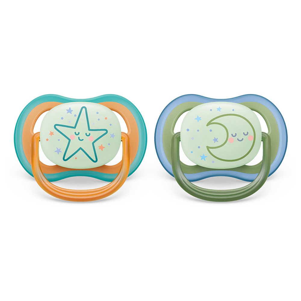Комплект от 2 бр. светещи в тъмното ортодонтични залъгалки Philips Avent Ultra Air Night SCF376/23 и кутия за стерилизиране, 18м+