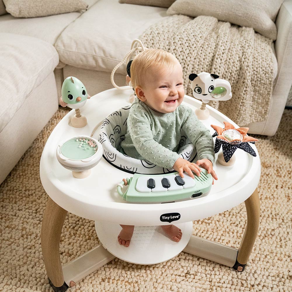 Here I Grow 5 in 1 Stationary Play Center Black&White Décor Series - Tummy Play, Balance Board, Stationary Play Center, Activity Board, Kids Table & Chair, 6m+
