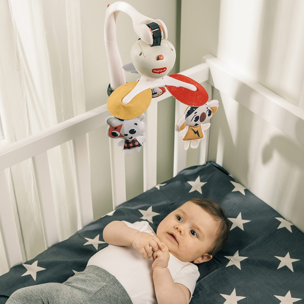 3-в-1 Музикална въртележка TINY LOVE Take-Along Mobile от серията Tiny Rockers, с 3 лесни начина за закачане у дома или в движение, 30 минути музика с 5 рок-енд-рол мелодии, 0м+