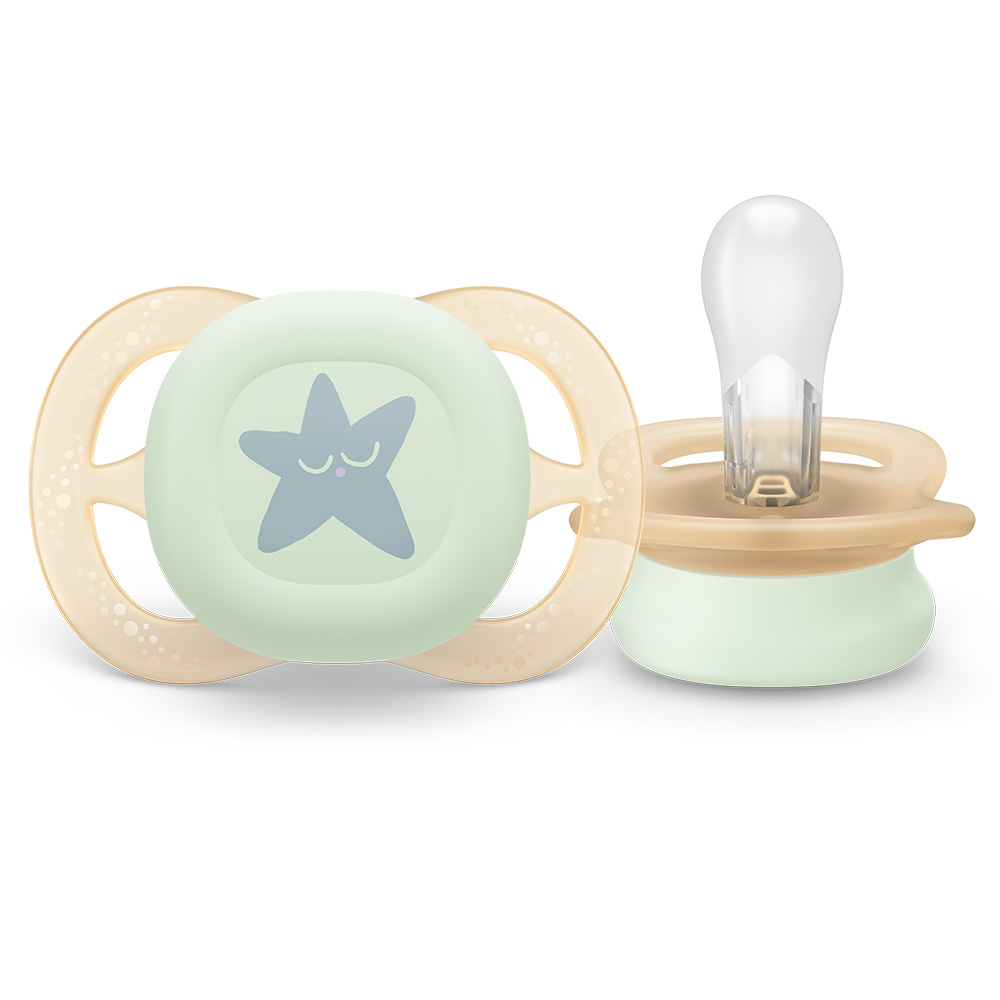 2 pcs. glow-in-the-dark orthodontic pacifiers for newborns Philips AVENT SCF075/17 Ultra Start Night 0-2m, in orange and purple with moon and stars decor, in a sterilization box