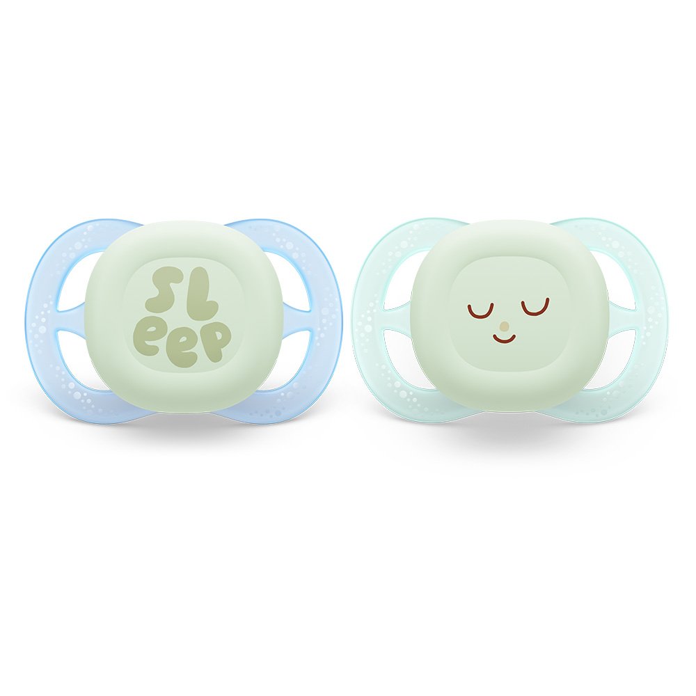 2 pcs. glow in the dark orthodontic pacifiers for newborns Philips AVENT SCF075/08 Ultra Start Night 0-2m, in blue and green with Sleep decor, in a sterilization box