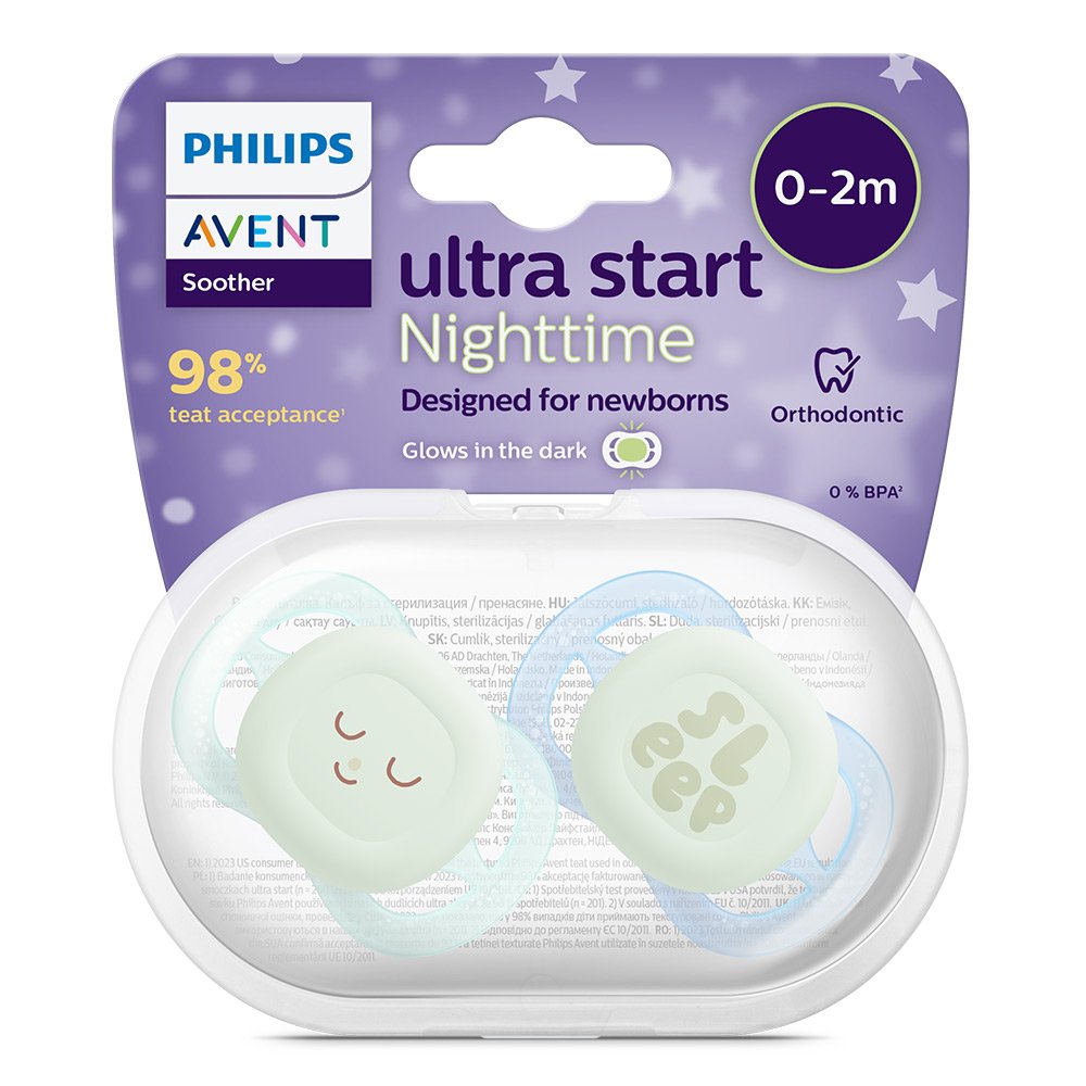 2 pcs. glow in the dark orthodontic pacifiers for newborns Philips AVENT SCF075/08 Ultra Start Night 0-2m, in blue and green with Sleep decor, in a sterilization box