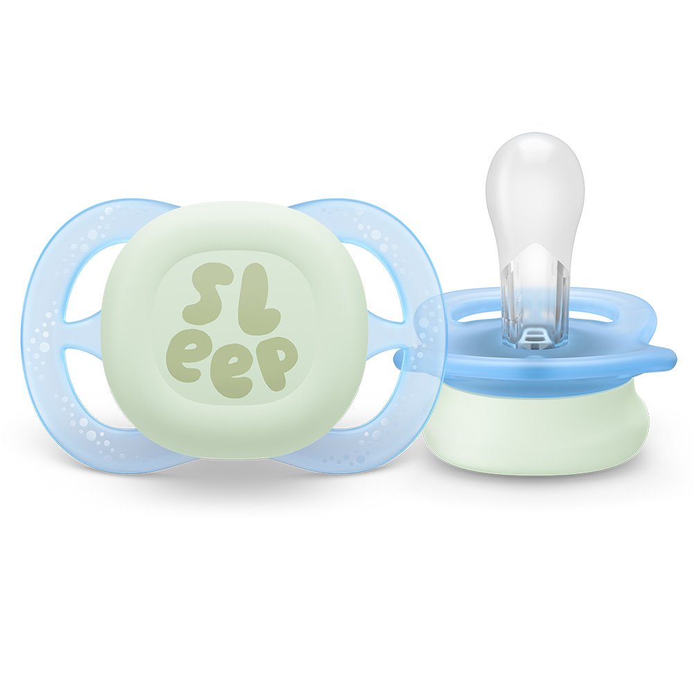 2 pcs. glow in the dark orthodontic pacifiers for newborns Philips AVENT SCF075/08 Ultra Start Night 0-2m, in blue and green with Sleep decor, in a sterilization box