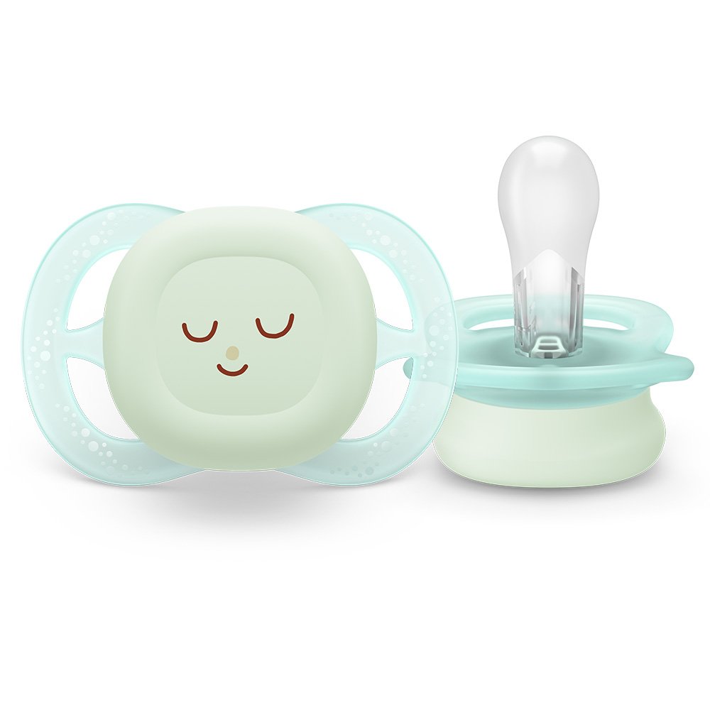 2 pcs. glow in the dark orthodontic pacifiers for newborns Philips AVENT SCF075/08 Ultra Start Night 0-2m, in blue and green with Sleep decor, in a sterilization box