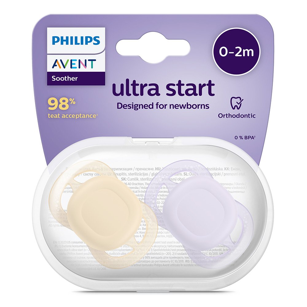 Set of 2 orthodontic pacifiers for newborns Philips AVENT SCF075/01 Ultra Start 0-2m, in orange and purple, in a sterilization box