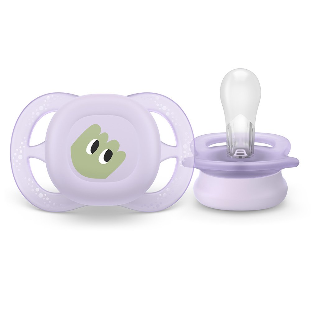 Комплект от 2 бр. ортодонтични залъгалки за новородени Philips AVENT SCF075/03 Ultra Start 0-2м, в оранжево и лилаво със забавен дизайн очички, в кутия за стерилизиране
