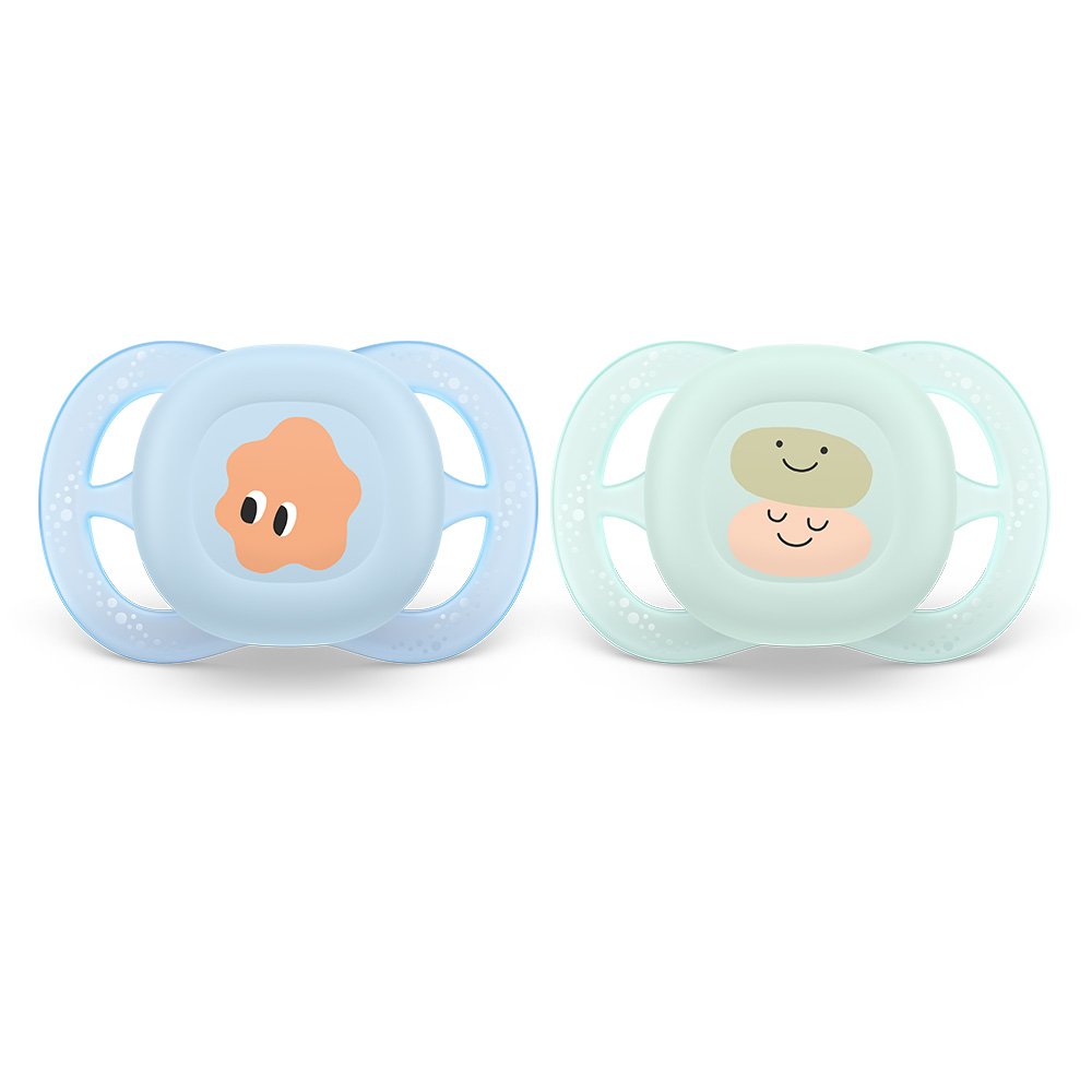 Set of 2 orthodontic pacifiers for newborns Philips AVENT SCF075/04 Ultra Start 0-2m, in blue and green with fun decor, in a sterilization box