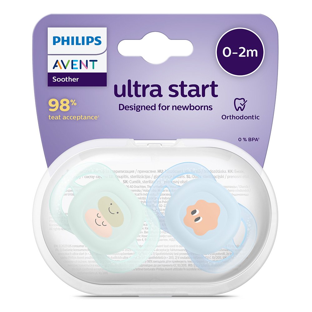 Set of 2 orthodontic pacifiers for newborns Philips AVENT SCF075/04 Ultra Start 0-2m, in blue and green with fun decor, in a sterilization box