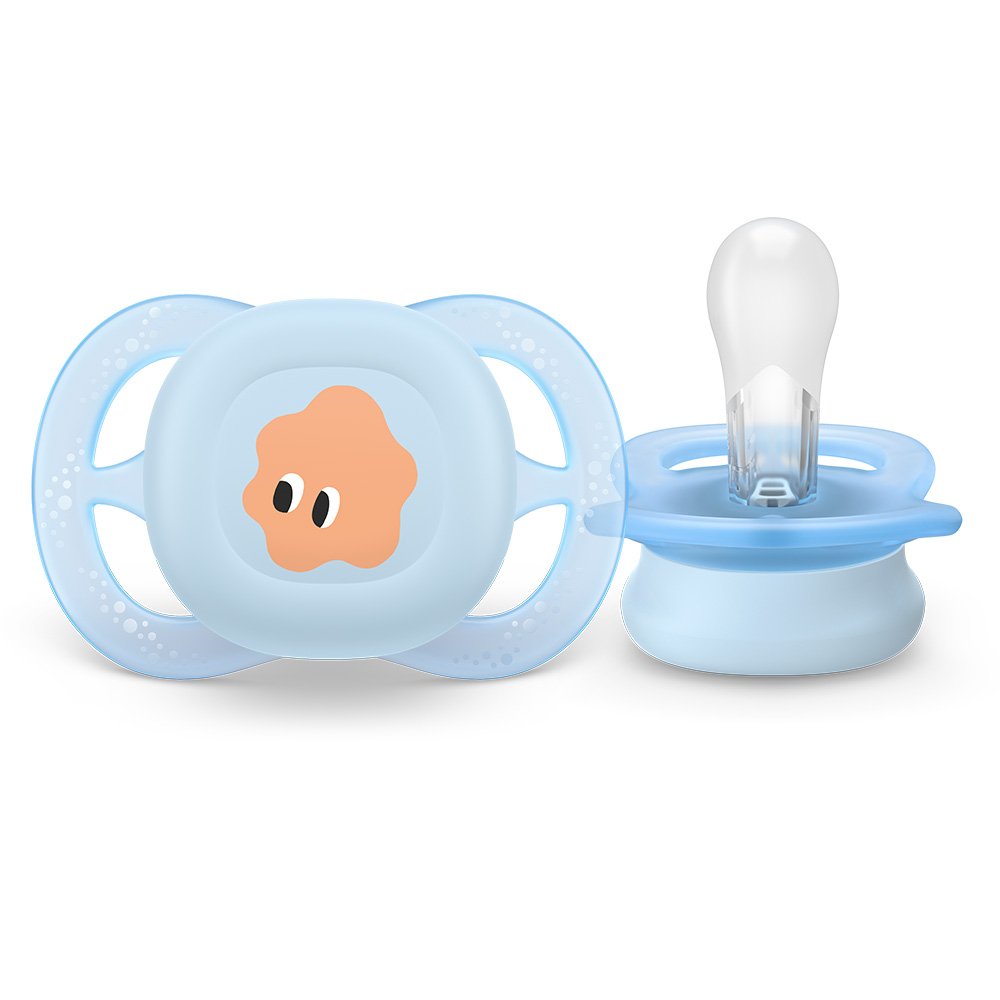 Set of 2 orthodontic pacifiers for newborns Philips AVENT SCF075/04 Ultra Start 0-2m, in blue and green with fun decor, in a sterilization box