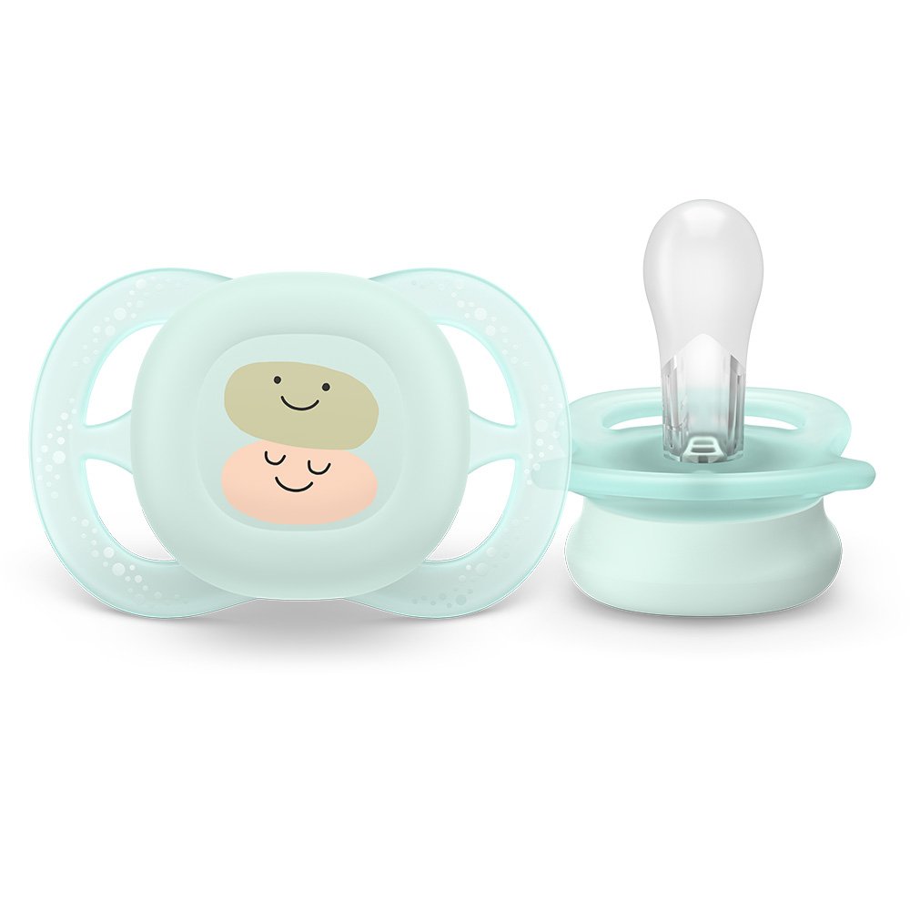 Set of 2 orthodontic pacifiers for newborns Philips AVENT SCF075/04 Ultra Start 0-2m, in blue and green with fun decor, in a sterilization box
