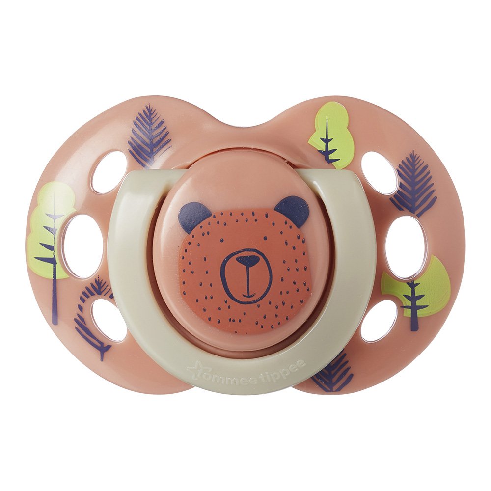 Комплект от 2 бр. ортодонтични залъгалки Tommee Tippee FUN FRIENDS със силиконов биберон, 6-18м, забавна декорация на щита, в кутия за стерилизиране