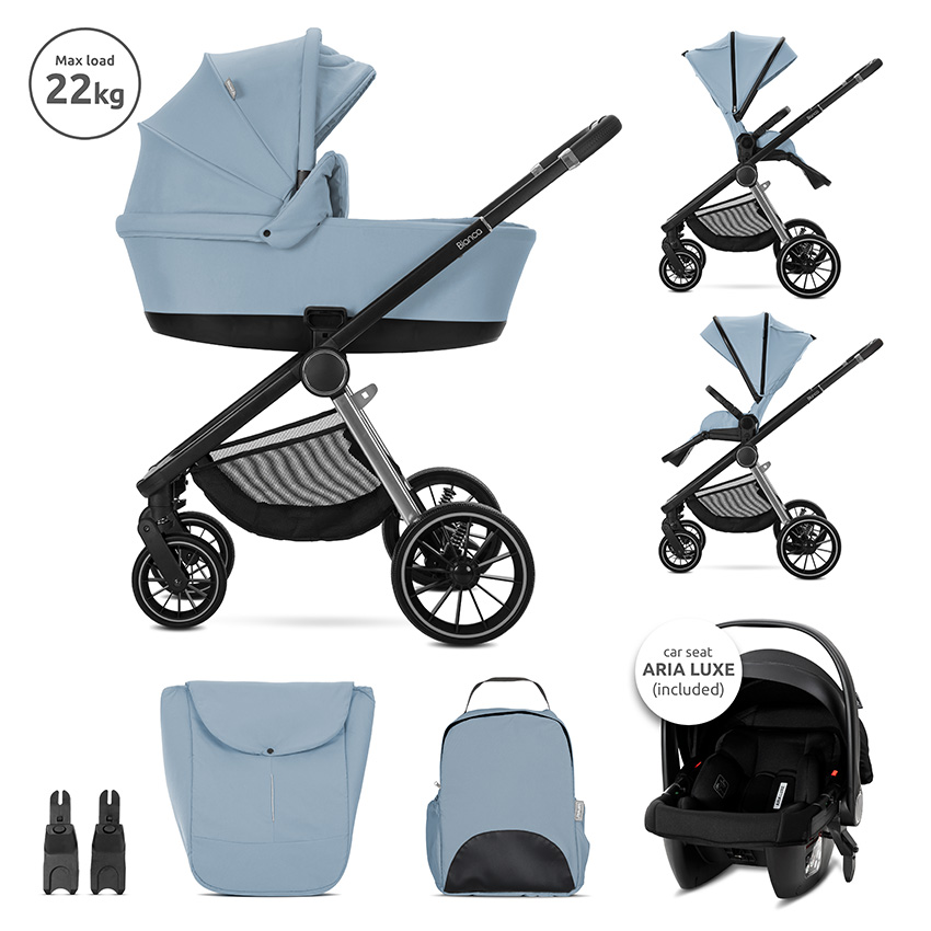 D. STROLLER BIANCA BLUE 3 IN 1 up to 22 kg with basket for newborn