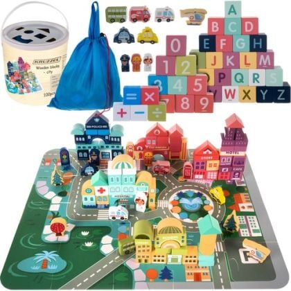 Large wooden set for children with cubes, puzzle and constructor (damaged packaging)