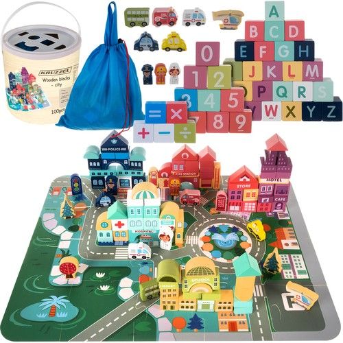 Large wooden set for children with cubes, puzzle and constructor
