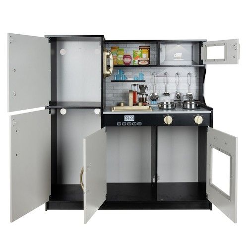Modern wooden play kitchen with sounds, light and accessories - black - Kruzzel