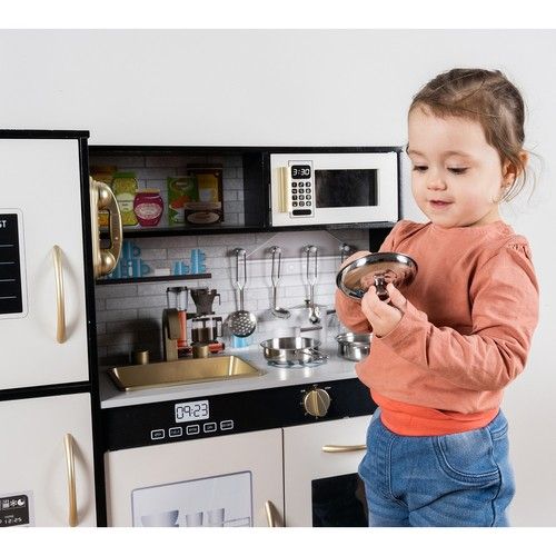 Modern wooden play kitchen with sounds, light and accessories - black - Kruzzel
