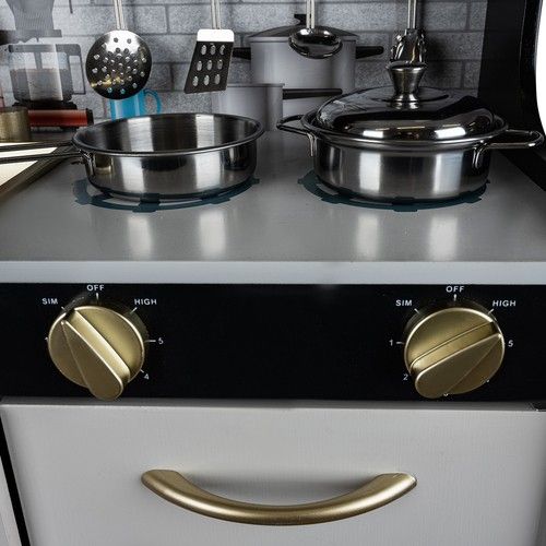Modern wooden play kitchen with sounds, light and accessories - black - Kruzzel