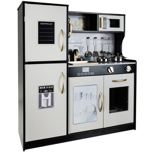 Modern wooden play kitchen with sounds, light and accessories - black - Kruzzel