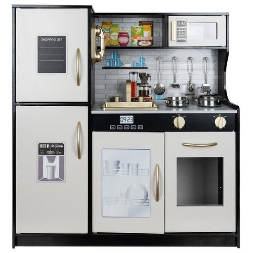 Modern wooden play kitchen with sounds, light and accessories - black - Kruzzel