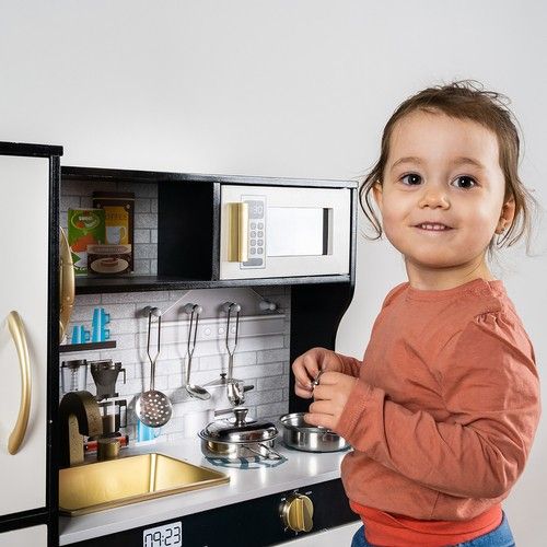Modern wooden play kitchen with sounds, light and accessories - black - Kruzzel