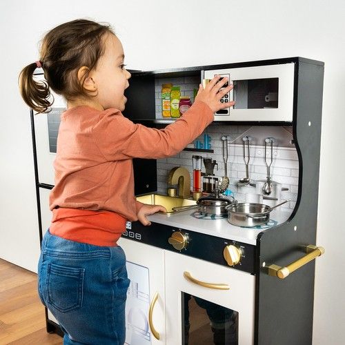 Modern wooden play kitchen with sounds, light and accessories - black - Kruzzel