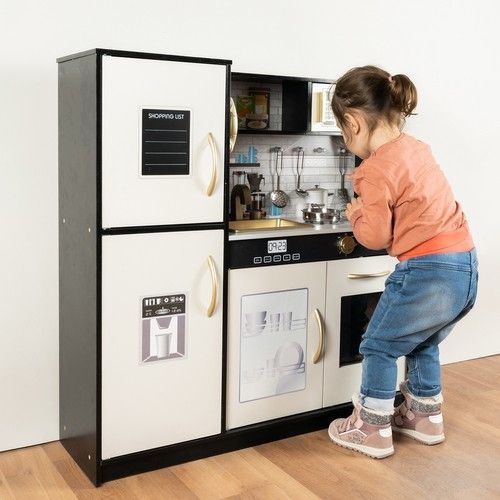 Modern wooden play kitchen with sounds, light and accessories - black - Kruzzel