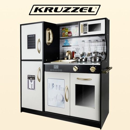 Modern wooden play kitchen with sounds, light and accessories - black - Kruzzel