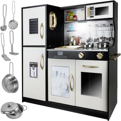 Modern wooden play kitchen with sounds, light and accessories - black - Kruzzel